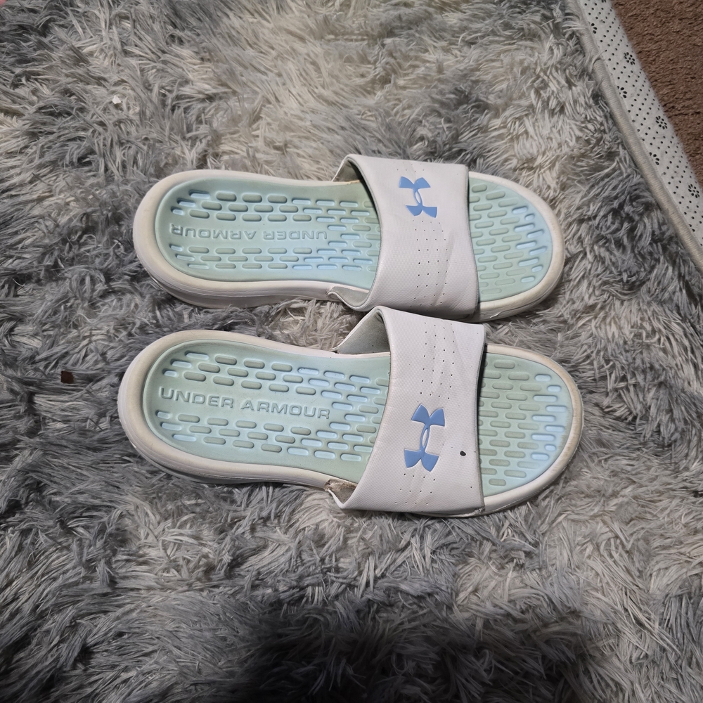 Under Armour White and Blue Slide Sandals